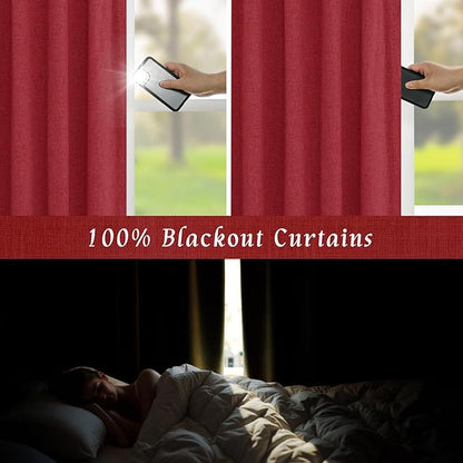 LAMIT 100% Blackout Red Linen Curtains, 63 Inches Linen Textured Thermal Bedroom Drapes Back Tab and Rod Pocket Christmas Panels with White Liner for Livingr Room, 2 Panels, 52 x 63 Inch