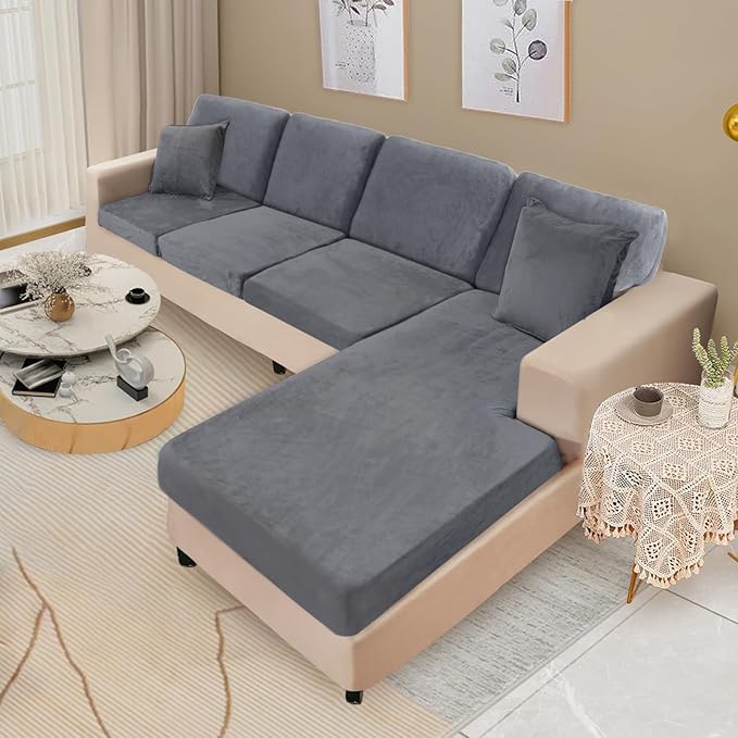 NAISI Sectional Couch Covers 8 Pieces Velvet Couch Cushion Covers L Shape Soft Stretch Sofa Slipcovers with 2pcs Pillowcases for Left/Right Chaise Sectional Couch(3 Seater+1 Chaise+4 Back,Dark Grey)