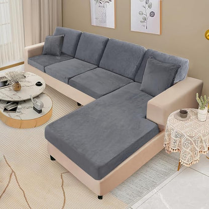 NAISI Sectional Couch Covers 8 Pieces Velvet Couch Cushion Covers L Shape Soft Stretch Sofa Slipcovers with 2pcs Pillowcases for Left/Right Chaise Sectional Couch(3 Seater+1 Chaise+4 Back,Dark Grey)