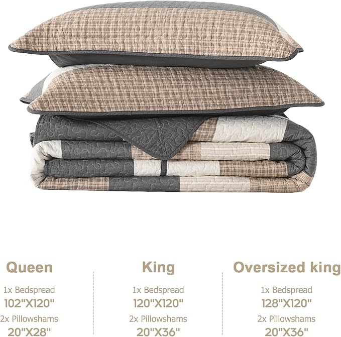 Finlonte Striped Bedspread Set Overszied Queen Size Lightweight Quilted Bed Spread Comforter Sets, Charcoal/Brown/Beige