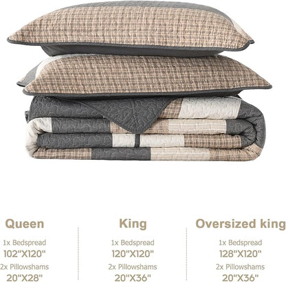Finlonte Striped Bedspread Set Overszied Queen Size Lightweight Quilted Bed Spread Comforter Sets, Charcoal/Brown/Beige