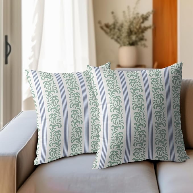 Blue Green Floral Pillow Covers 22x22 Set of 2 Spring Vitage Flower Striped Pattern Rustic Decorative Outdoor Farmhouse Zipper Boho Pillowcases Decorations Throw Cushion Cover Decor for Couch Sofa Bed