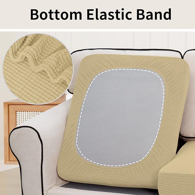 Easy-Going Stretch Individual Chair Couch Cushion Cover Sofa Cushion Furniture Protector Sofa slipcover Soft Flexibility with Elastic Bottom (3-Piece Sofa Cushion Cover, Beige)