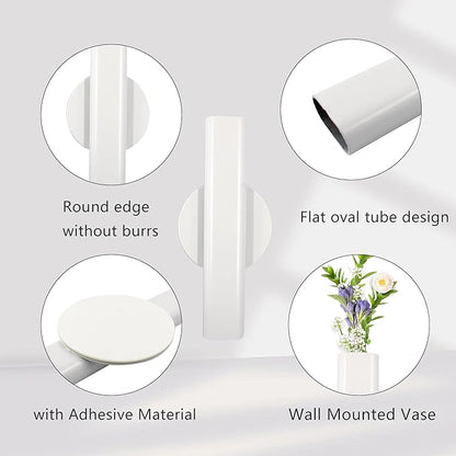 6.3" Wall-Mounted Flower Tube, Top/Bottom Open Vase, Adhesive Metal Flower Open Tube Decoration Holder for Flower Display, Home Office Living Room Bedroom Decoration, 2pcs(White)