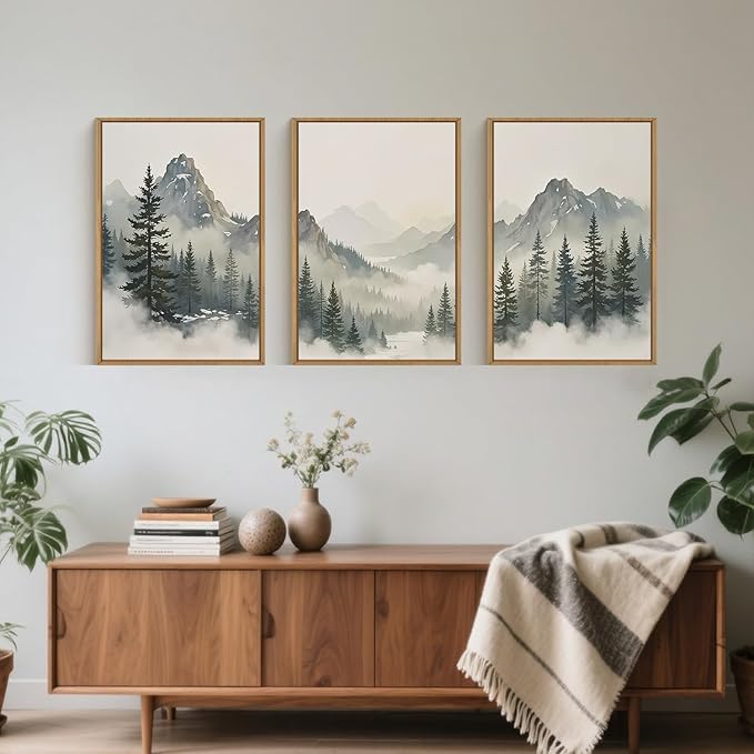 Large Nature Foggy Mountain Pine Trees Framed Canvas Wall Art, Misty Forest Landscape Wall Decor,Watercolor Woodland Scenery Artwork,Modern Art Print for Living Room, Bedroom, Office- 24"x36"x3