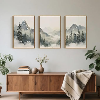 Large Nature Foggy Mountain Pine Trees Framed Canvas Wall Art, Misty Forest Landscape Wall Decor,Watercolor Woodland Scenery Artwork,Modern Art Print for Living Room, Bedroom, Office- 24"x36"x3