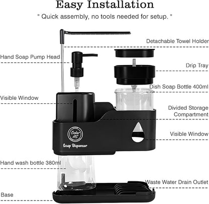 Kitchen Hand and Dish Soap Dispenser Set (Black) – Dual Pump Bottles with Sponge Caddy, Brush Holder, Towel Bar & Drain Rack – Space-Saving Countertop Organizer for Sink & Bathroom
