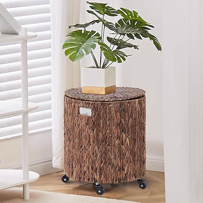 Wimarsbon Round Pouf Ottomans, Handwoven Natural Water Hyacinth Seagrass Pouffe,Outdoor Rattan Stool Accent Seat, Bohemian Coastal Home Decor (Storage Ottoman - Dark Water Hyacinth Braid)