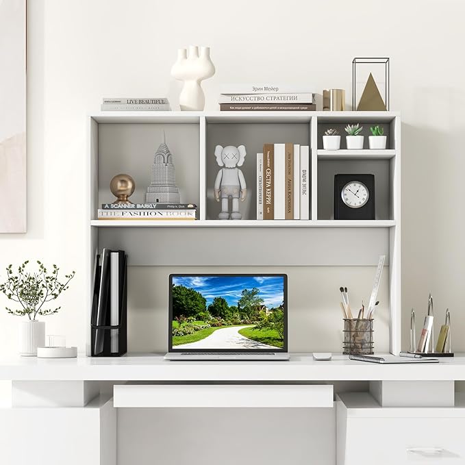 GOFLAME 4 Cubes Desktop Bookshelf, 37” Tabletop Wood Desk Shelf for Computer Monitor, Modern Countertop Desk Display Hutch Storage Organizer Shelf for Home Office, Dorm, Study (White)