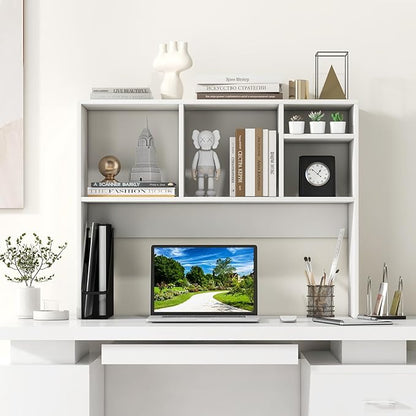 GOFLAME 4 Cubes Desktop Bookshelf, 37” Tabletop Wood Desk Shelf for Computer Monitor, Modern Countertop Desk Display Hutch Storage Organizer Shelf for Home Office, Dorm, Study (White)