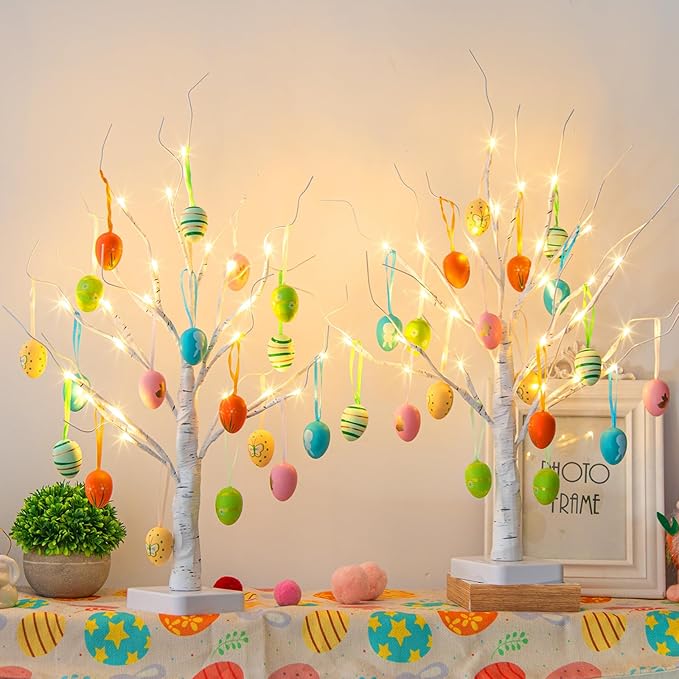 PEIDUO Easter Decorations, 24LT Easter Egg Tree for Home Decor, Lighted Tabletop Tree with 36 Multicolor Painted Eggs, Artificial Tree Decor for Spring Party Bedroom Classrooms (2PK)