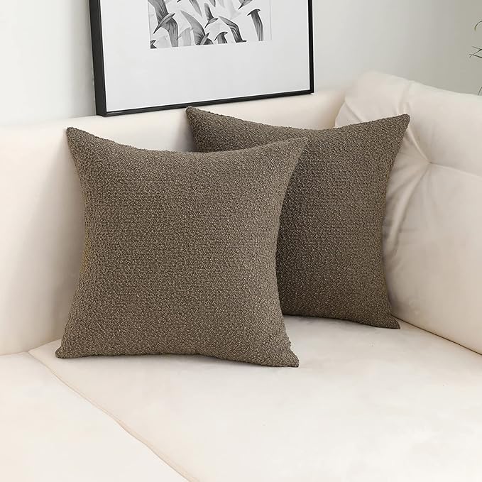Jeneoo Light Brown Decorative Square Thick Throw Pillow Covers Fine Textured Boucle Couch Cushion Cases for Living Room Sofa Home Decor, Set of 2, 18 x 18 Inch