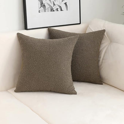 Jeneoo Light Brown Decorative Square Thick Throw Pillow Covers Fine Textured Boucle Couch Cushion Cases for Living Room Sofa Home Decor, Set of 2, 18 x 18 Inch