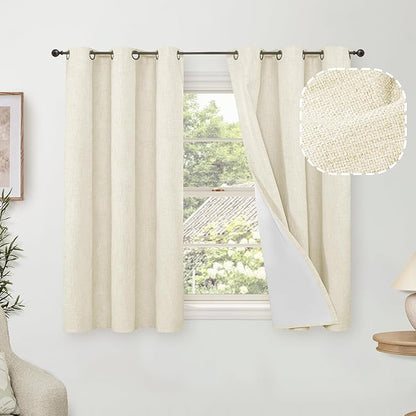 Lajode 45 Inch Length Linen Blackout Curtains for Short Cafe Window, Thermal Insulated Light Blocking Soundproof Privacy Burlap Curtains 2 Panels, Each 38 Inch Wide Cream