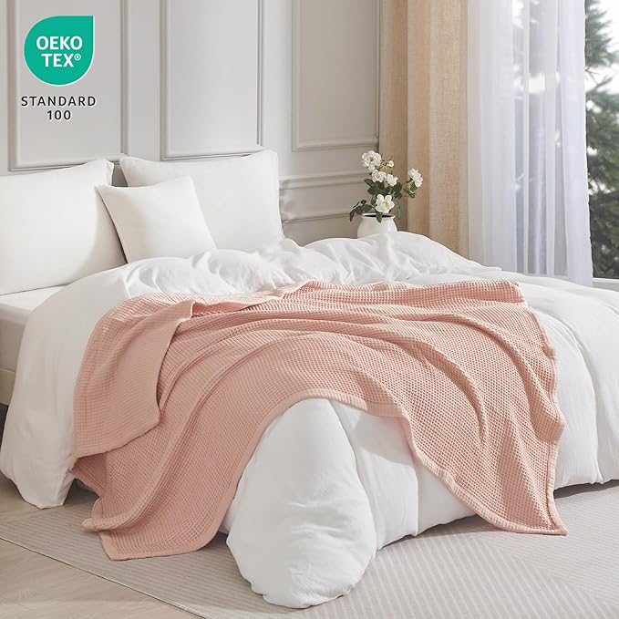 PHF 100% Cotton Waffle & Muslin Throw Blanket Large, Soft Breathable Luxury 400GSM Versatile Reversible Bedding for Couch, Great for Layering in Cold Weather, Home Decor Gift, 50" x 70", Rose Smoke