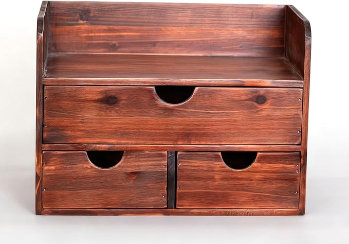 Vintage Rustic Brown Wooden 3 Drawer with Shelf Office Desk Organizer & Mail Rack For Desktop,Box for Office Home Toiletries Supplies Vanity, No Assembly Required (Brown)