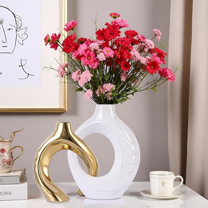 LCCCK White and Gold Ceramic Vases for Home Decor, Boho Vase for Flowers Pampas Grass Decorative, White Gold Hollow Donut Small Vase for Living Room Table Wedding Centerpiece Modern Vases
