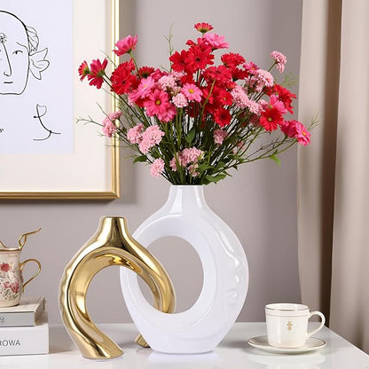 LCCCK White and Gold Ceramic Vases for Home Decor, Boho Vase for Flowers Pampas Grass Decorative, White Gold Hollow Donut Small Vase for Living Room Table Wedding Centerpiece Modern Vases