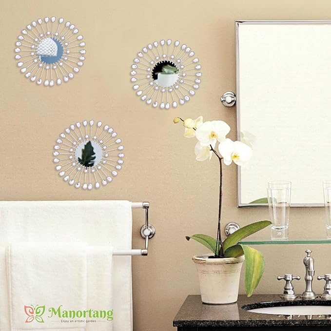 Silver Mirrors 3 PCE, 9 inchSunburst Mirror Hanging Wall Decor, Christmas Decorative Mirror Wall Art, Round Mirrors for Bedroom Living Room Bathroom Kitchen, Warming