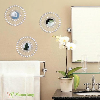 Silver Mirrors 3 PCE, 9 inchSunburst Mirror Hanging Wall Decor, Christmas Decorative Mirror Wall Art, Round Mirrors for Bedroom Living Room Bathroom Kitchen, Warming