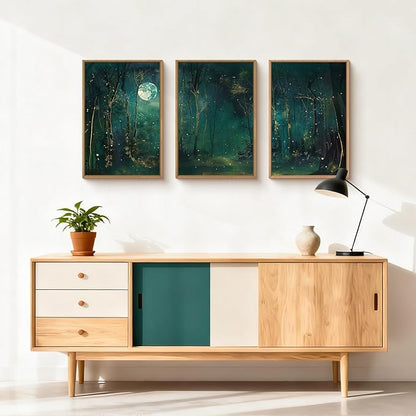 Large Vintage Moon and Star Forest Framed Canvas Wall Art,Mystical Night Sky Scenery Wall Decor,Moody Tree Landscape Artwork,Magical Midnight Art Print for Living Room,Bedroom,Office- 16"x24"x3