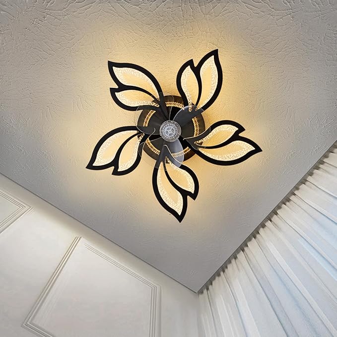 25" Black Geometric Ceiling Fan with Lights and Remote Control, 3 Light Color 6 Speeds Flush Mount Low Profile Ceiling Fan for Bedroom Kitchen