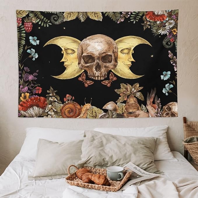 Boho Moon Skull Tapestry,Vintage Sun Moon Hippie Mushroom Floral Plant Tapestries Wall Hanging for Dorm Living Room Bedroom Decor(60"x90")