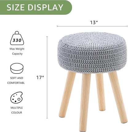 Wimarsbon Pouf Ottoman, 100% Cotton Knitted Boho Footstool, Round Footrest with Non-Skid Wood Legs, Home Décor Handmade Pouffe, Leisure Floor Step Stool for Living Room (Long Leg - Gery)