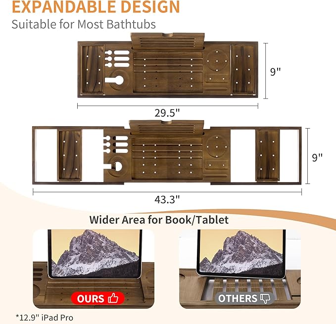 Luxury Teak Bathtub Tray - Foldable Bath Caddy with Expandable Handles, Wine Glass & Phone Holder, Book Stand - Enhance Home Spa Experience with Natural Material - Relaxing & Reading, Light Walnut