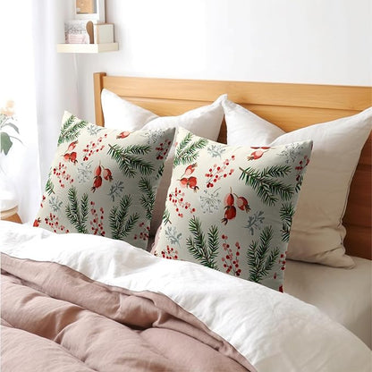 Beige Christmas Pillow Covers 22x22 Set of 2 Green Red Xmas Berries Twigs Rustic Decorative Outdoor Farmhouse Zipper Pillowcases Decorations Winter Holiday Throw Cushion Cover Decor for Couch Sofa Bed