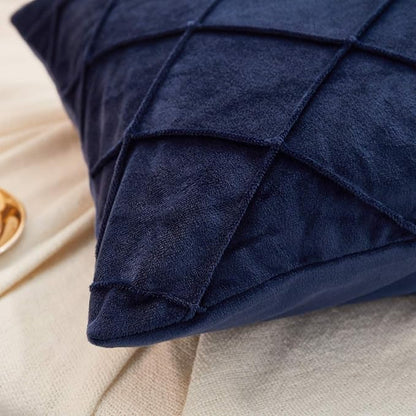 JAUXIO Diamond Pinch Pleated Crystal Velvet Pillowcases 2 Pack Solid Pintuck Throw Cushion Cover for Home Decor Hidden Zipper Closure (Navy, King)