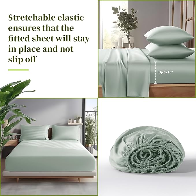 Shilucheng 100% Viscose Derived from Bamboo_ Sheets Full Size 4pcs - Ultra Cooling & Silky Soft Bed Sheets, 16" Deep Pocket, Perfect for Hot Sleepers, Hotel Bedding Sheets (Sea Glass)