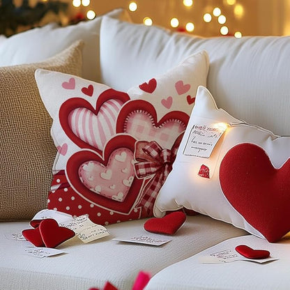 GEEORY Valentine's Day Love You More Hugs and Kisses Throw Pillow Covers 18x18 Inch Set of 4, Red Hearts Stripes Decorative Farmhouse Wedding Cushion Case for Home Decoration G650-18