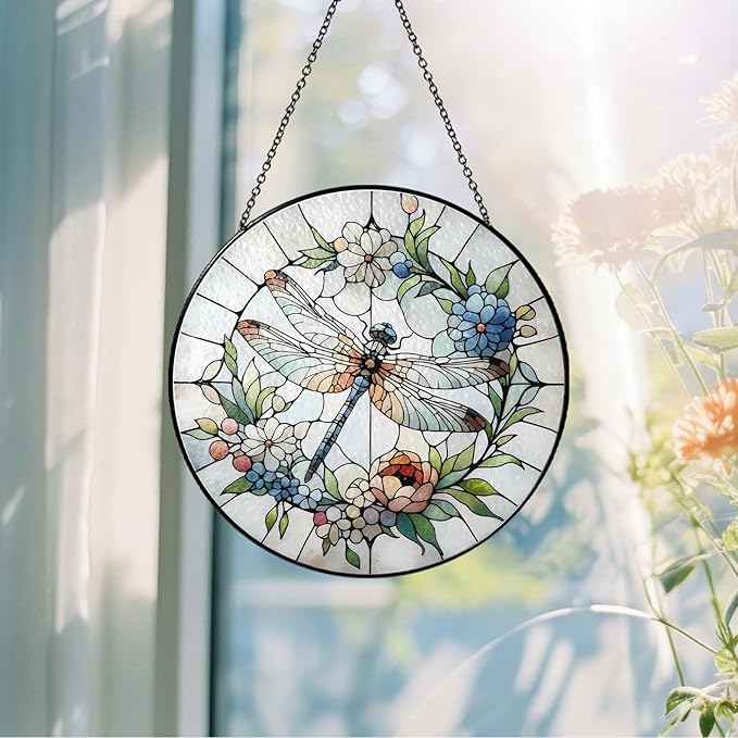 Dragonfly Sun Catcher Stained Glass Window Hanging 9.8'', Sun Catchers Indoor Window Dragonfly Gifts for Women Wall Decor Handmade SunCatcher Decoration for Garden Home Housewarming Gifts