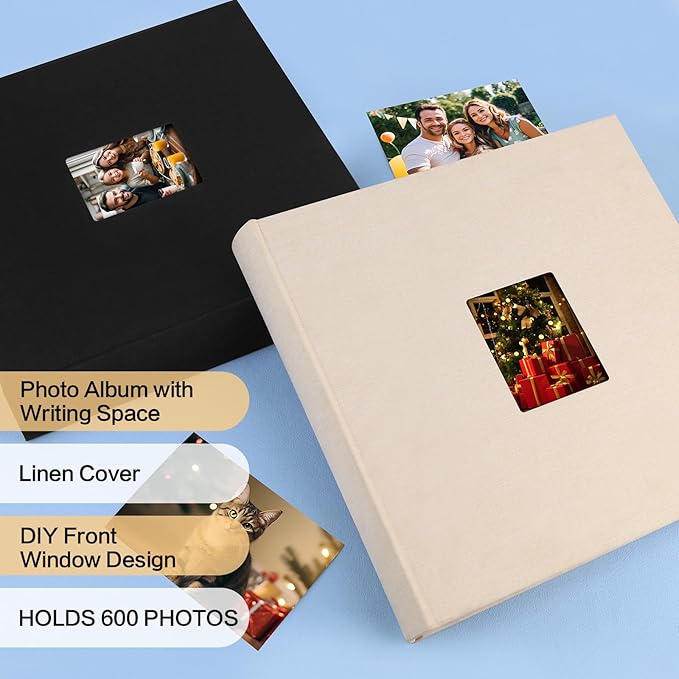 Photo Album 4x6 600 Photos with Writing Space,4 x 6 Photo Book Linen Cover with Front Window, 4x6 Picture Album 600 Photos Photo Album Book for Wedding Kids Travel Family Baby Pictures (Beige)