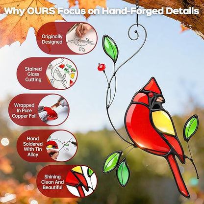 Cardinal Stained Glass Window Hanging, IDEA SHOW Red Cardinal Suncatcher, Real Glass Window Hanging Ornament, Handmade Bird Home Decor Memorial Gift for Women, Mom, Bird Lover