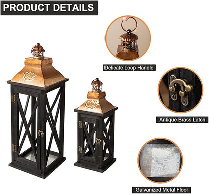 Large Farmhouse Wooden Lanterns with Metal Top, Decorative Floor Lanterns Set of 2, Black Frame with Rustic Gold Accents, Indoor/Outdoor Hurricane Lanterns for Home Decor (No Glass)