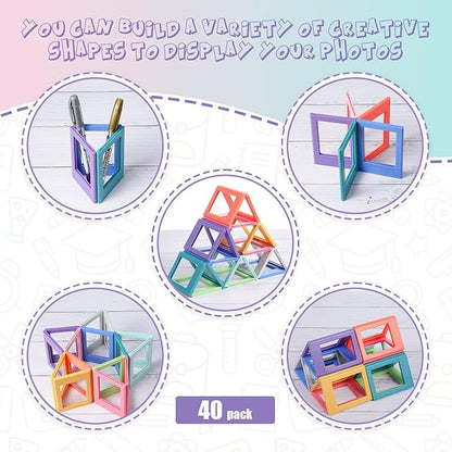 Epakh 40 Packs Magnetic Photo Picture Frame Cute Mini Table Photo Frame Holder 3 Inches Plastic Colorful Picture Display for Fridge Office (Multicolor)