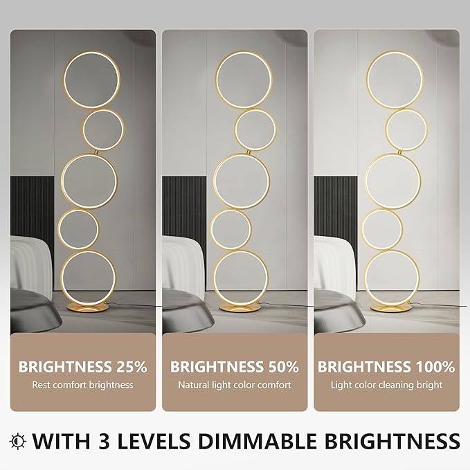COSYLUX LED Modern Floor Lamp for Bedroom, 3 Way Bright Dimmable Corner Floor lamp with 5-Ring 2-in-1 Standing Tall End Table Lamp for Living Room & Office Reading Light, 3260LM, 6000K, Gold.