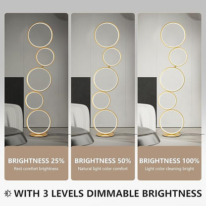 COSYLUX LED Modern Floor Lamp for Bedroom, 3 Way Bright Dimmable Corner Floor lamp with 5-Ring 2-in-1 Standing Tall End Table Lamp for Living Room & Office Reading Light, 3260LM, 6000K, Gold.