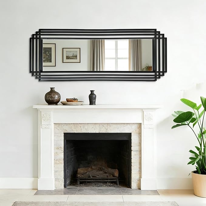 Modern Geometric Wall Mirror, 55"x22" Elegant Rectangle Mirror with Metal Frame, Large Art Wall Mirrors for Living Room Bathroom Bedroom Entryway Hallway, Hangs Vertically or Horizontally