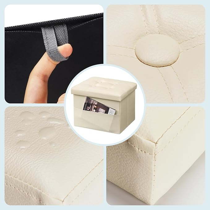 Storage Ottoman Foot Rest Stool, Small Leather Storage Ottomans Bench, Folding Footstool with Side Pockets, Foot Rest Under Desk for Living Room Bedroom, 16x12x12 in, Beige