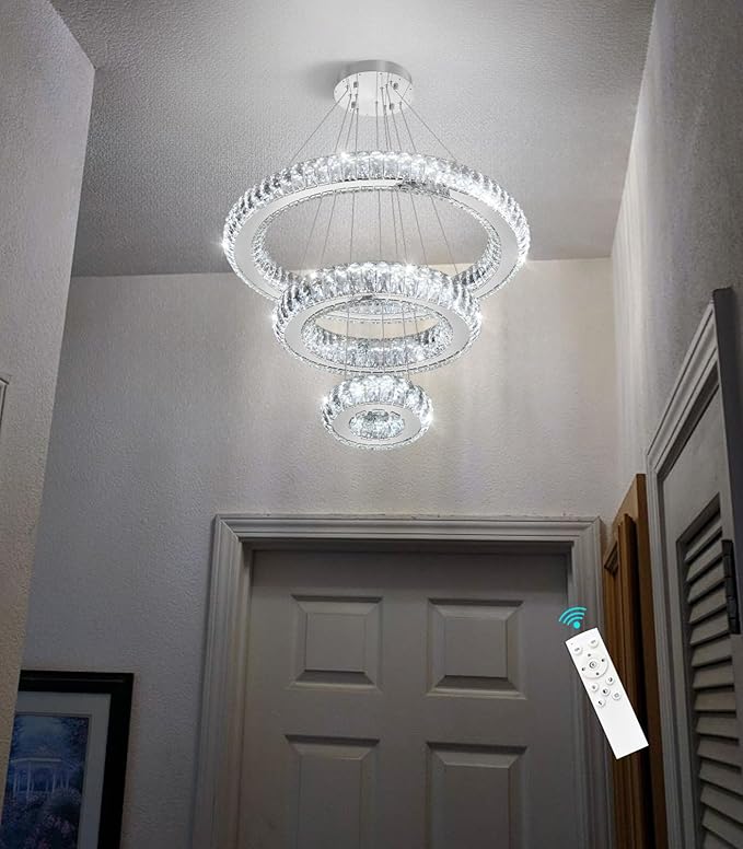 3 Rings LED Chandelier Modern Dimmable Dining Room Chanderliers Entryway Crystal Pendant Lights for Kitchen Bedroom Living Room Silver Light