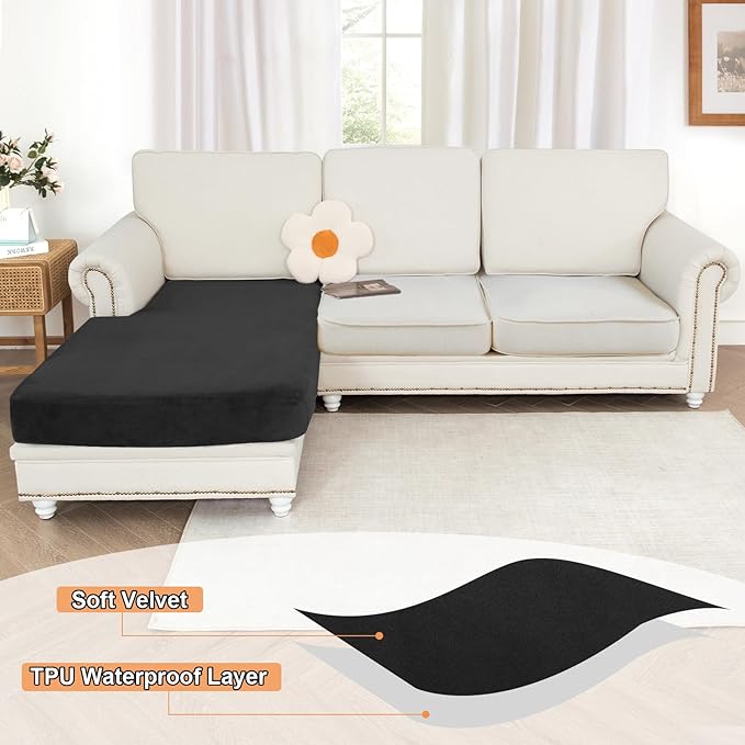 NAISI Waterproof Couch Cushion Covers Thick Velvet Fabric Washable Sofa Slipcovers 1 Piece Individual Sectional Couch Covers with Elastic Bottom(1 PC for Chaise Lounge,Black)