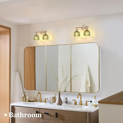 Bathroom Light Fixtures, 2-Light Vanity Wall Light Over Mirror with Green Tulip Glass Shade for Bedroom Living Room (Bulb Not Included), Satin Nickel