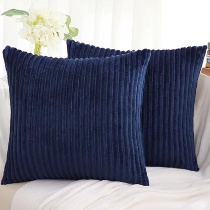 Simmore Decorative Spring Throw Pillow Covers 16x16 Set of 2, Soft Natural Plush Flannel Double-Sided Fluffy Couch Pillow Covers for Sofa Living Room, Navy Blue