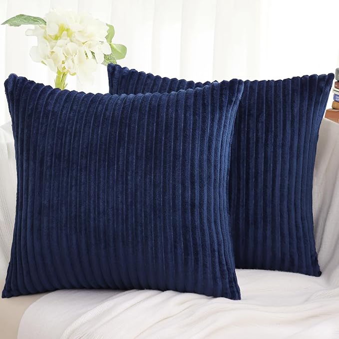 Simmore Decorative Spring Euro Sham Throw Pillow Covers 24x24 Set of 2, Soft Natural Plush Flannel Double-Sided Fluffy Couch Pillow Covers for Sofa Living Room, Navy Blue