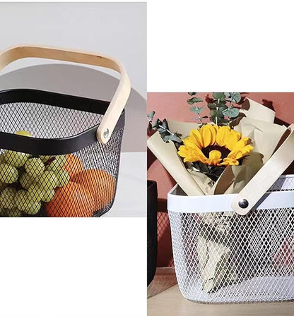 Metal Mesh Wire Basket, Mini Steel Basket with Wooden Handle Storage Organizer Basket Multi-functional Hanging Kitchen Baskets Fruit Baskets for Kitchen Bathroom Cabinet Pantry Snacks, Black