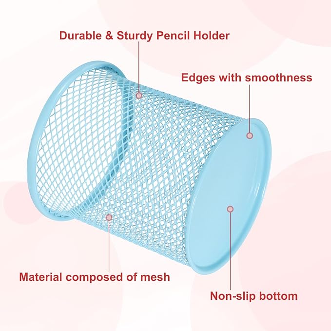uxcell 2Pcs Mesh Pencil Holder, Metal Pen Cup Desk Organizer Makeup Brush Cup Holder for Home, Office, Classroom(Light Blue)