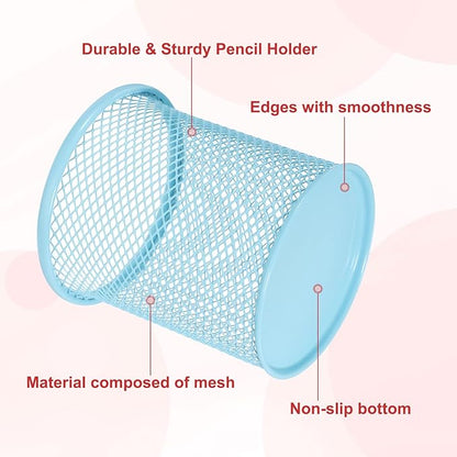 uxcell 2Pcs Mesh Pencil Holder, Metal Pen Cup Desk Organizer Makeup Brush Cup Holder for Home, Office, Classroom(Light Blue)